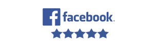 Facebook logo with the word facebook next to it, followed by five blue stars below, indicating a five-star rating.