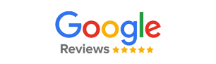Google logo with the word Reviews underneath and five yellow stars, indicating a five-star review rating.