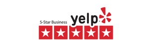Yelp logo with the text 5-Star Business above five red stars, indicating a top-rated business on Yelp.