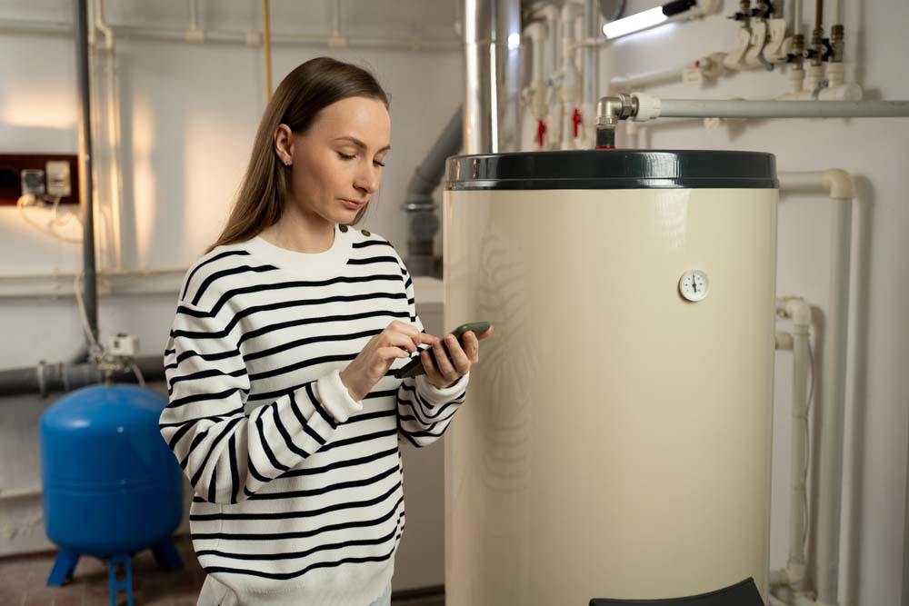 homeowner calling plumber beside water heater Tempe, AZ homeowner calling plumber beside water heater Tempe, AZ
