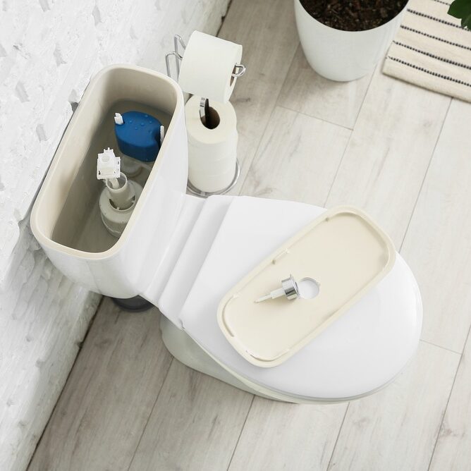 Toilet,Bowl,With,Removed,Tank,Lid,And,Water,In,Light